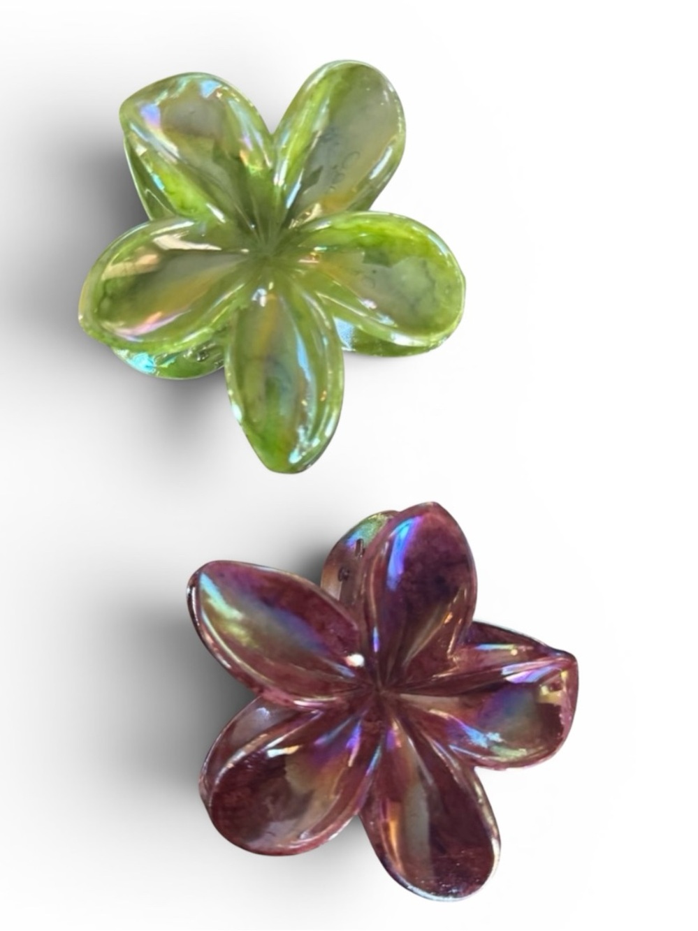 Hawaiian Plumeria Flower Hair Claw Clips – Green & Pink Iridescent - Set of 2